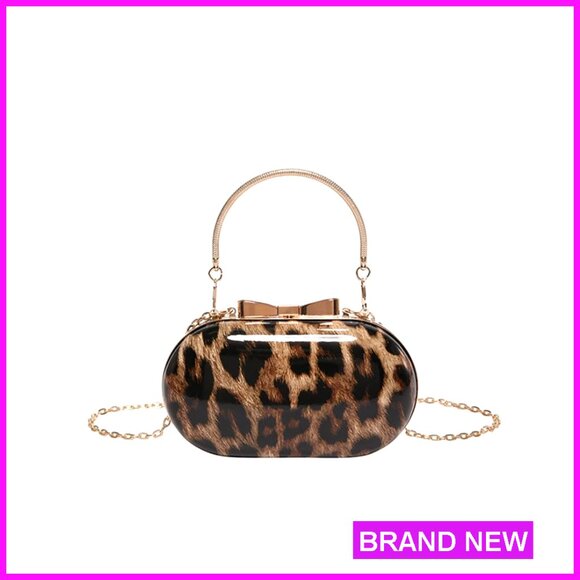Small Leopard Print Clutch Tote Bag with Top Handle and Chain Strap